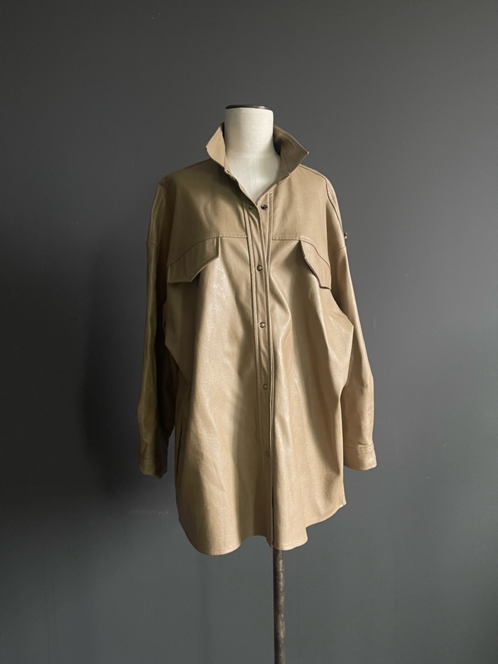 Oak + Fort Vegan Leather Shirt Jacket Oversized Minimalist Neutral Coat Capsule